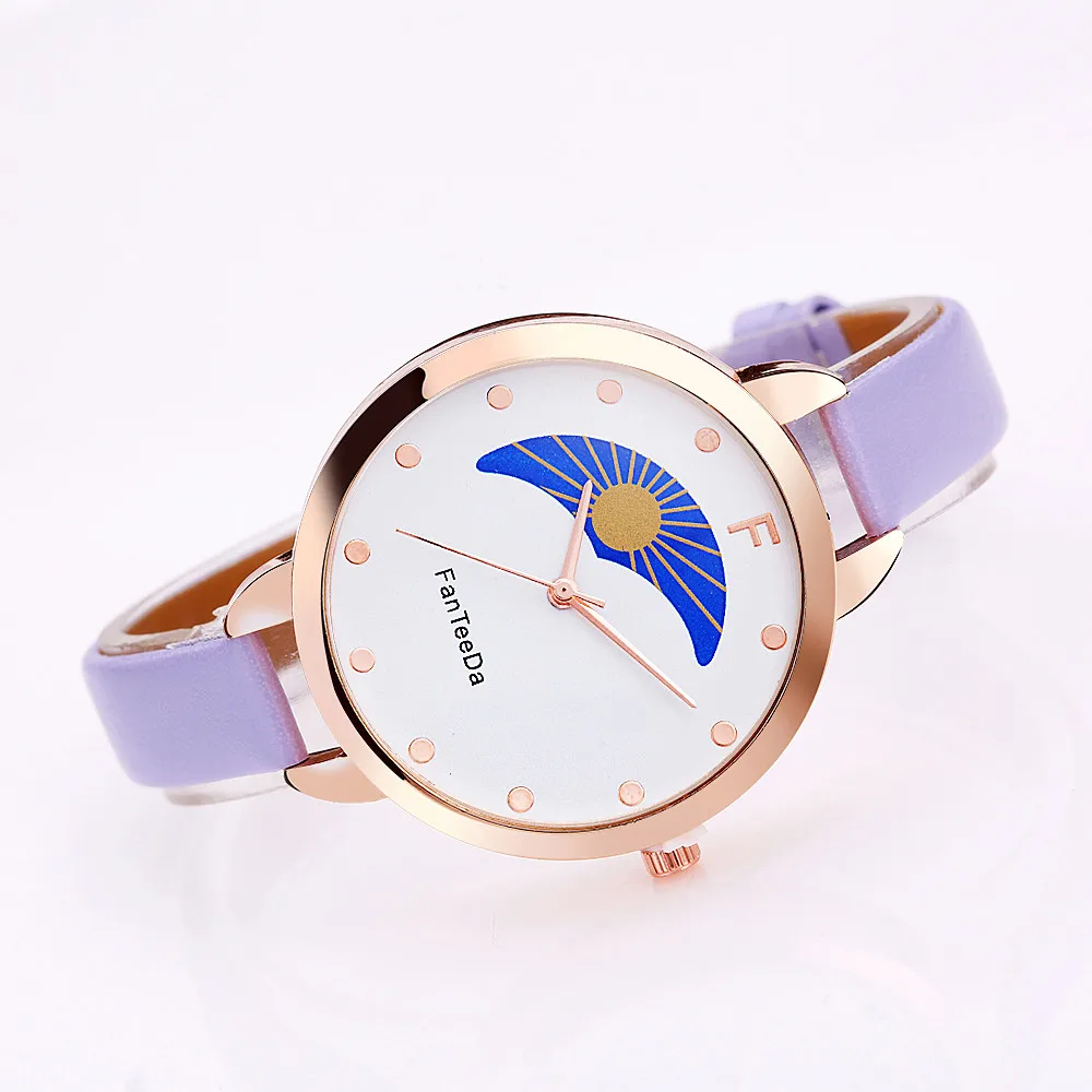 FanTeeDa relogio feminino Sun and moon Аналоговый Кожаный ремешок кварцевые наручные часы женские