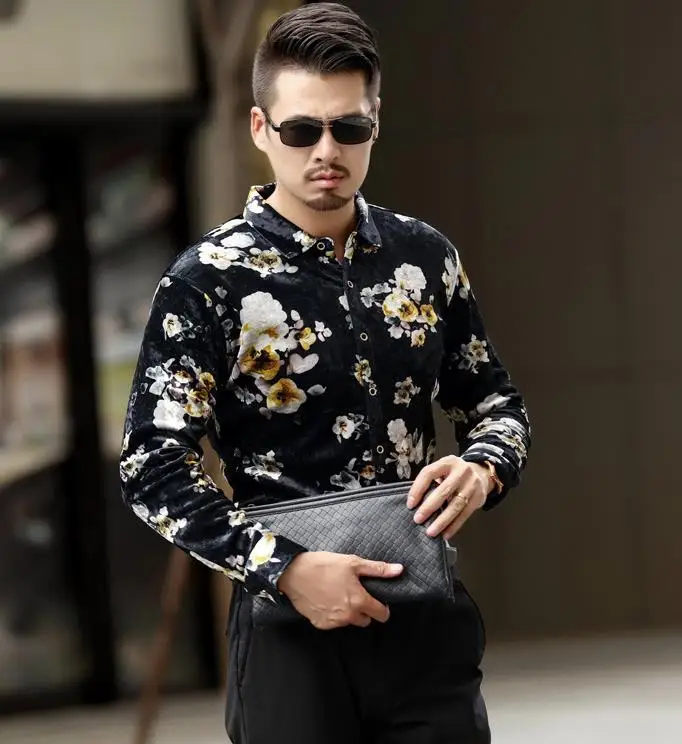 style1 Роскошная мужская зимняя теплая плотная рубашка с цветочным принтом, повседневная фланелевая бархатная мягкая тонкая мужская рубашка с длинным рукавом - Цвет: style1