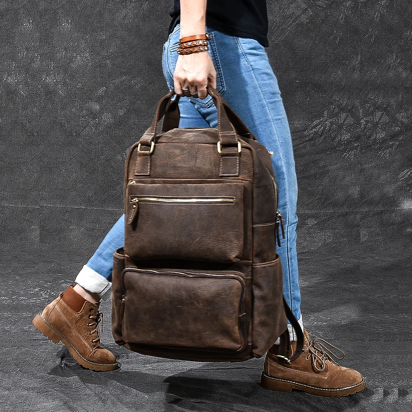 Высококачественный мужской рюкзак из натуральной кожи винтажный воловьей для