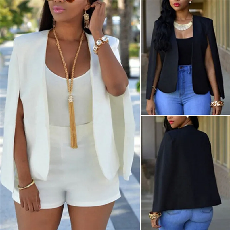 

Women Blouse Long Sleeve Lapel Cape Casual Business Coat Outwear Black White Office Ladies Clothing OL Suit