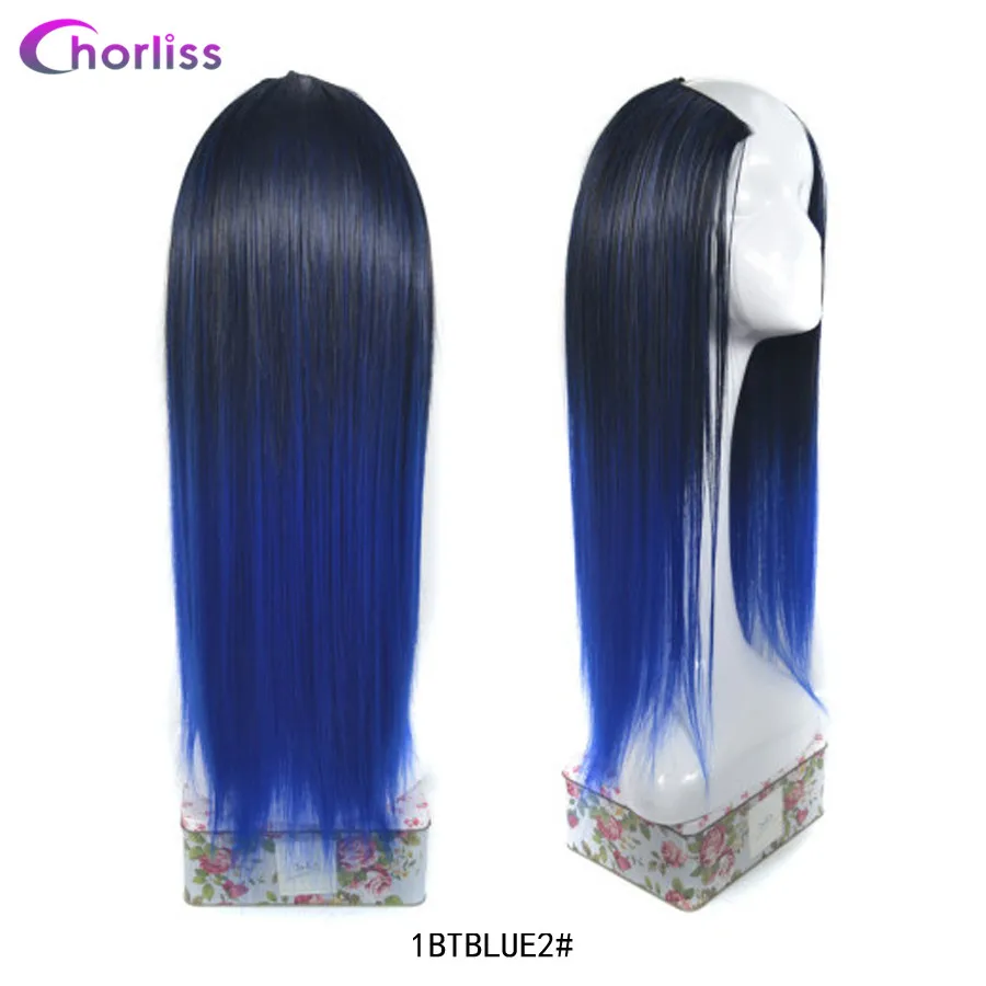 Ombre Blue Chorliss 24 ''длинные прямые синтетические u-образные волосы парик для женщин Омбре u-часть клип в наращивание волос синий черный шиньон - Цвет: Ombre Blue