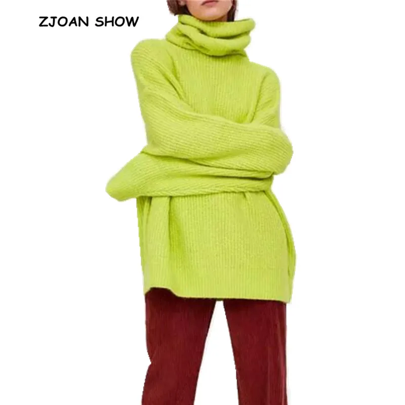 Stylish Striped Line Fluorescent Green Pullover Sweater Women Turtleneck Long sleeve Loose Knitwear Jumper Tops | Женская одежда
