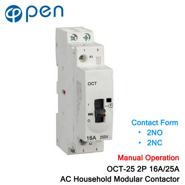 OCT-25 Series 2P 16A/25A Manual Operation AC Household Modular Contactor 220V/230V 50/60Hz Contact 2NO/2NC Din Rail Contactor