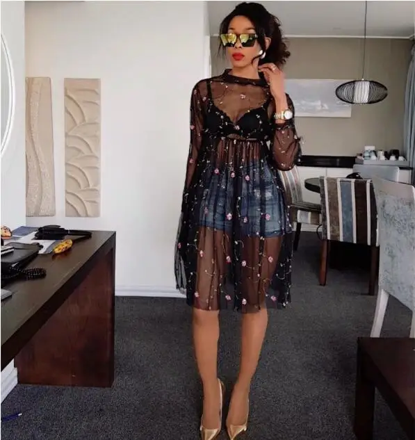 2017 женское Сетчатое платье до колена с цветочной вышивкой черное перспективное