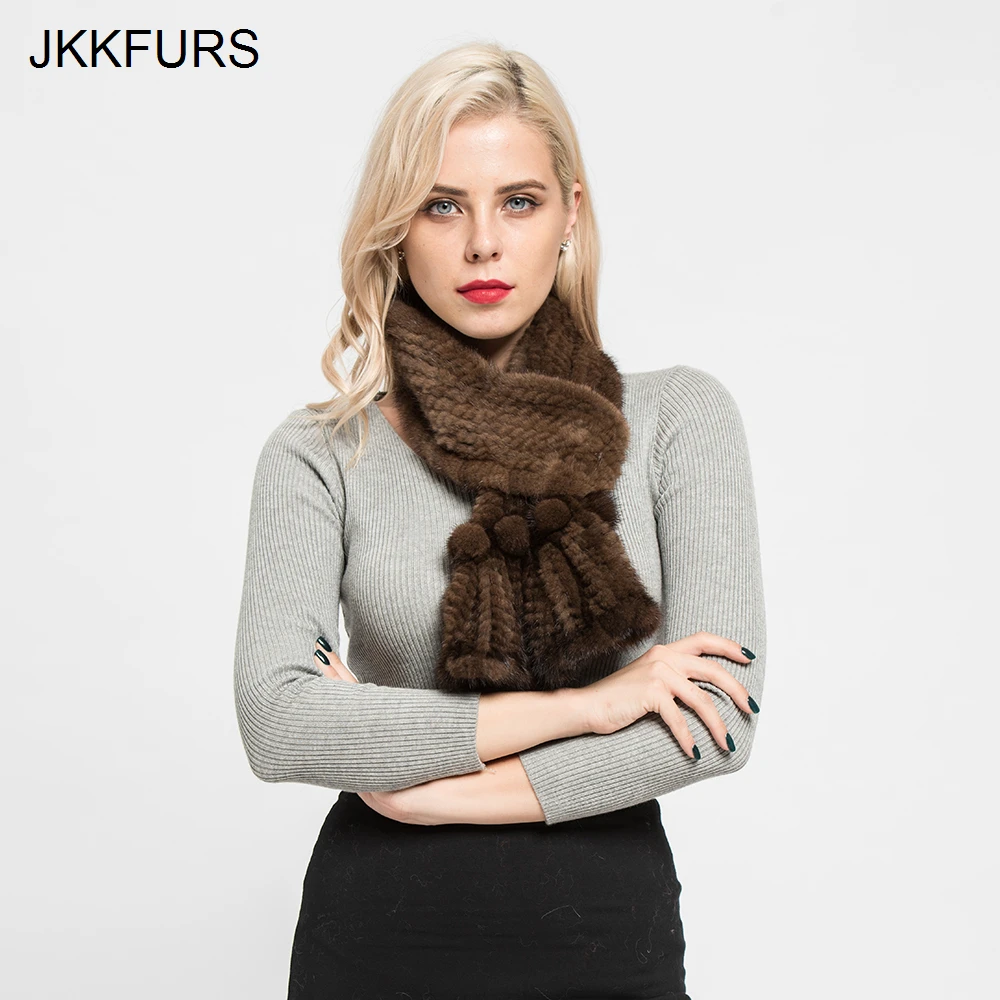 JKKFURS 2019 новый шарф из натурального меха норки Женская Модная вязаная меховая шаль