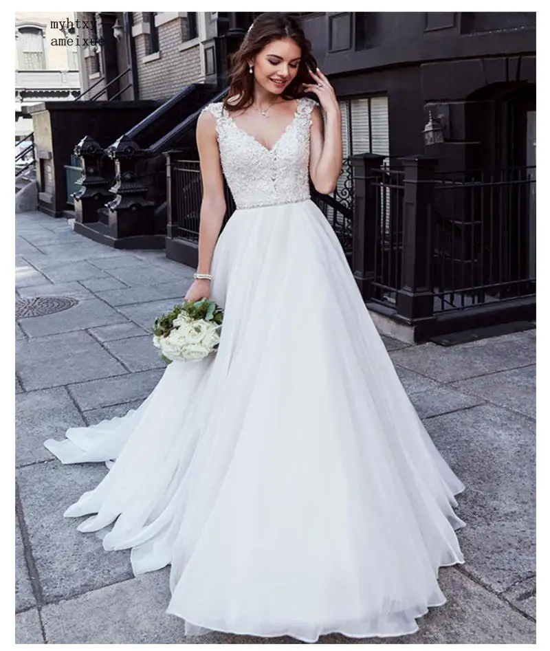 

Sexy Cheap Wedding Dress Lace Top Boho Backless Ivory Beach Wedding Dress Appliques V Neck Princess Bride Dress Free Shipping