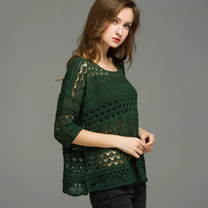 2017 Весна и осень тонкие пикантные открытые женские пуловеры сплошной цвет три