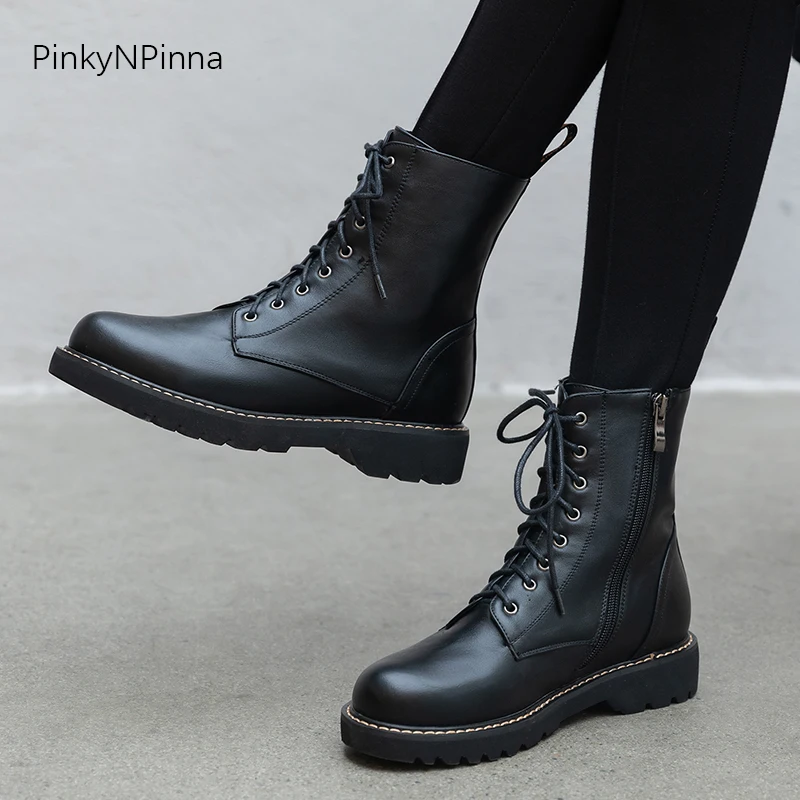 

women winter ankle boots thick bottom short plush inside zip black street warm outdoor riding snow booties punk young plus size