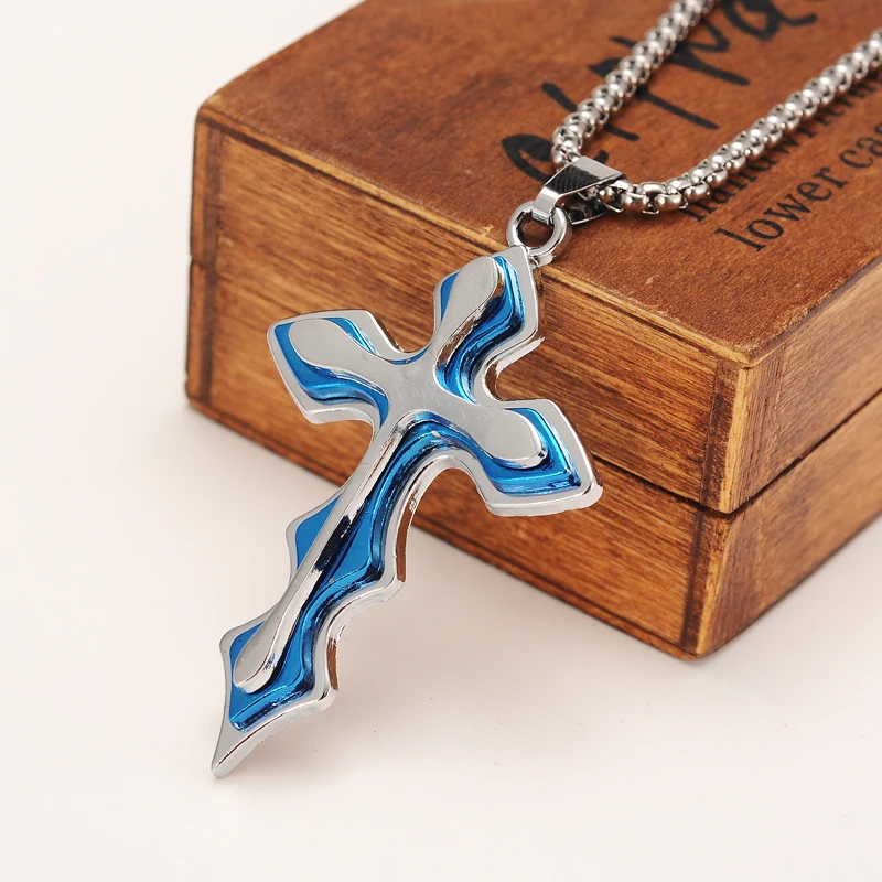 Большая коробка с цепочкой Серебряное украшение крестообразное ожерелье синей