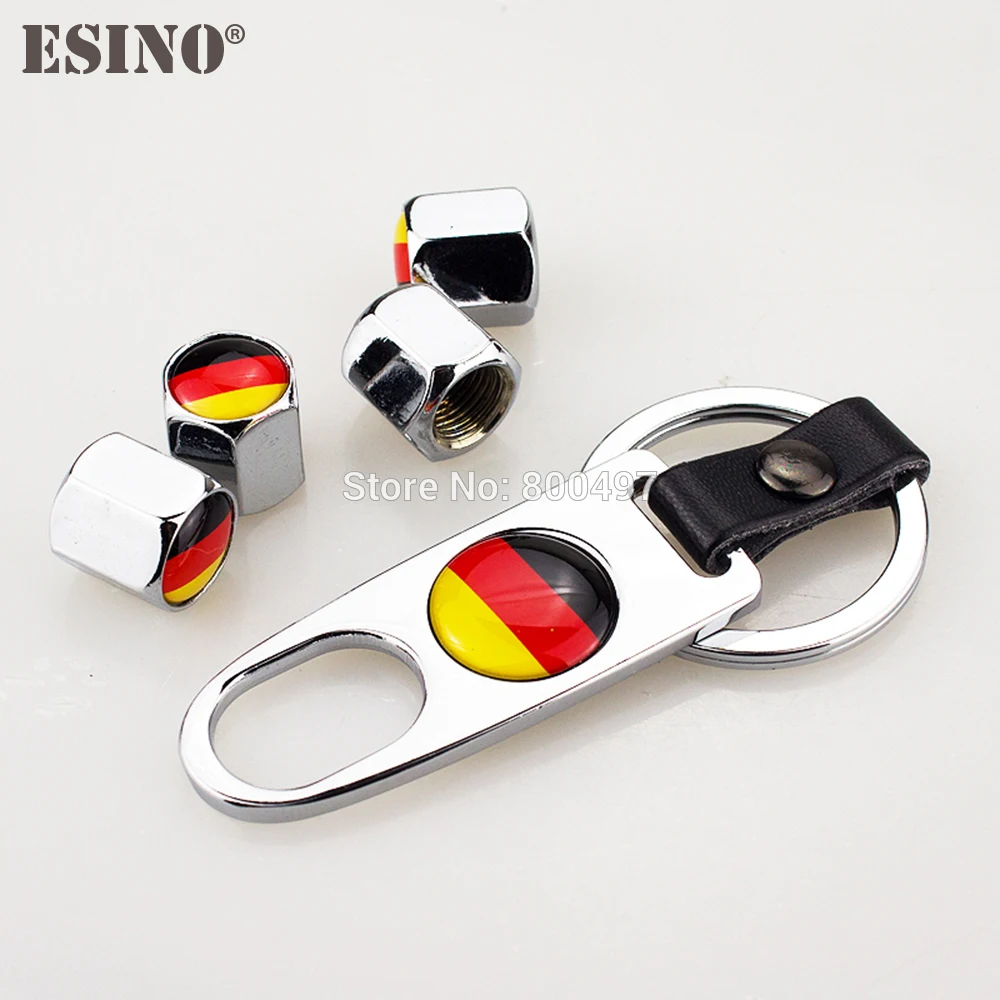 

4 x Car Stainless Steel Zinc Alloy Wheel Tire Valve Stems Caps Germany National Flag l Universal Fit With Mini Wrench Key Chain