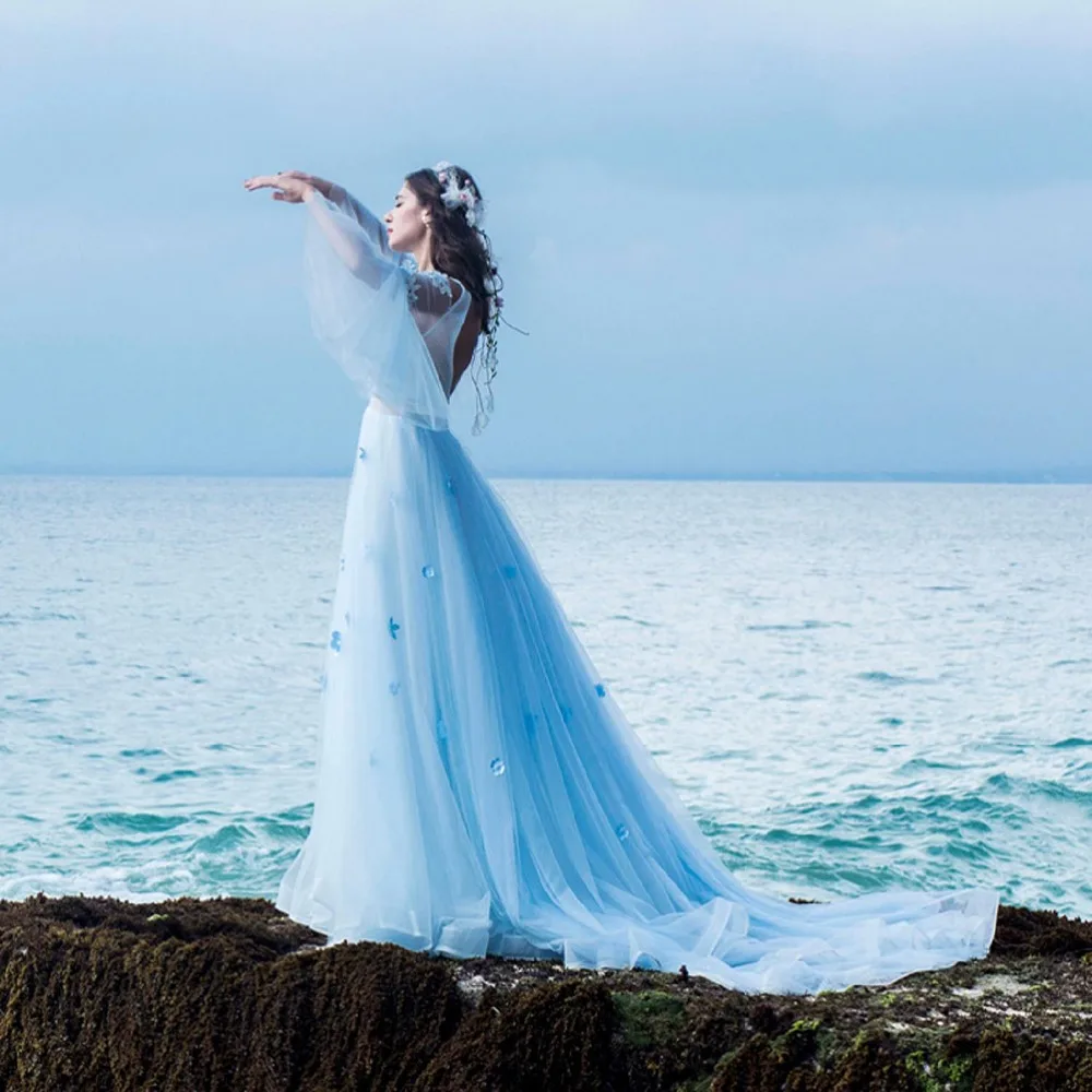 Высокое качество 2019 красивое синее свадебное платье с аппликацией Vestido de Noiva es