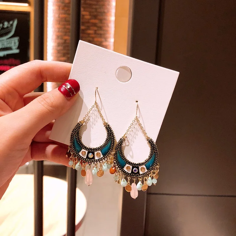 Big bohemian indian ethnic dangle earrings blue long tassle boho vintage for women large oversize jewelry gift party | Украшения и