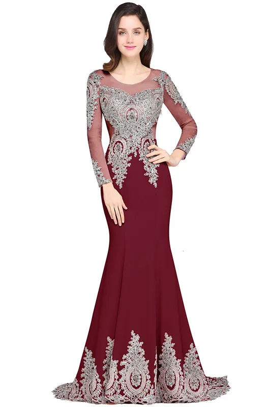 Vestido de Festa Сексуальные Розовые Платья С Открытой Спиной И Длинными Рукавами Кружевные Вечерные Плятья В Фрме Русалки С Цветами,Отделкой Из Бисера С Овальным Вырезом Горловины de Soiree - Цвет: burgundy
