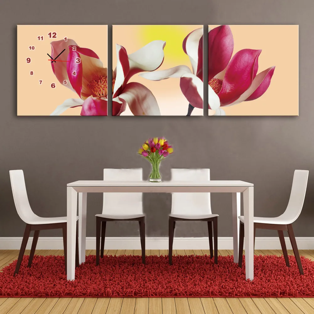 

Free Shipping E-HOME Pink Jade Orchid Clock in Canvas 3pcs wall clock