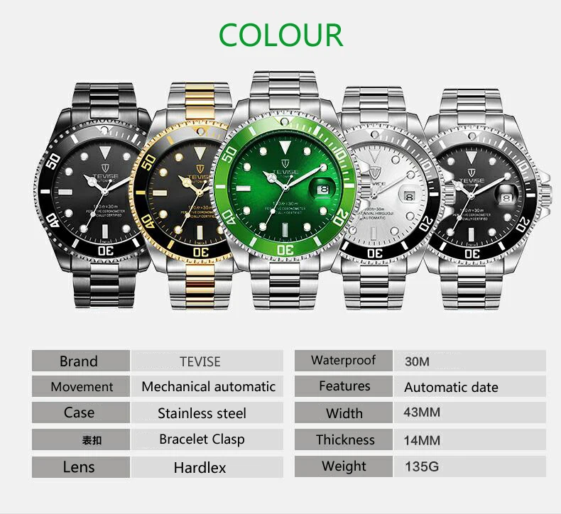 Модные брендовые Мужские автоматические механические часы TEVISE мужские
