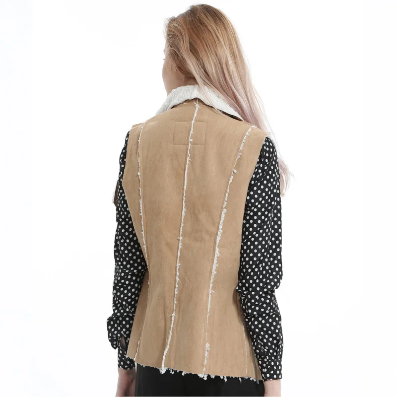 Замшевые Кожаные куртки женские жилеты из искусственного меха без рукавов с