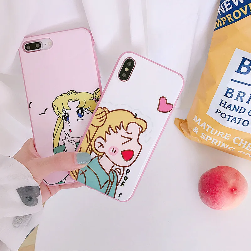 Kawaii Pink Japanese Anime Cartoon Sailor Moon Phone Case For iPhone 6 6Puls 6S 7 8 Puls X Cases Tempered Glass Back Cover Coque |
