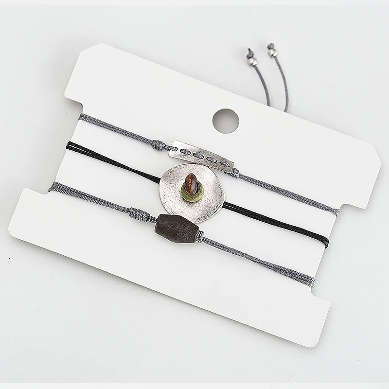 

Gray Cord String Rope Natural Stone Adjustable Bracelets Vintage Antique Silver Plated Wood Bead Pendant Bracelets MYC09012