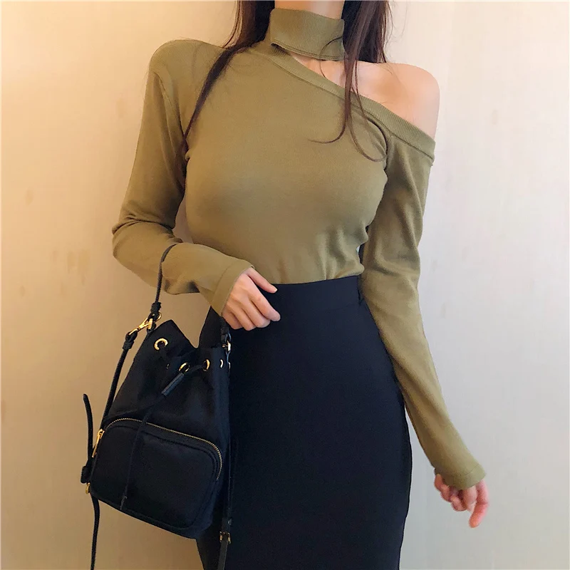 Little Sexy Off One Shoulder Tight Knit Women Slim Versatile Bare Bottom Sweater Женская одежда