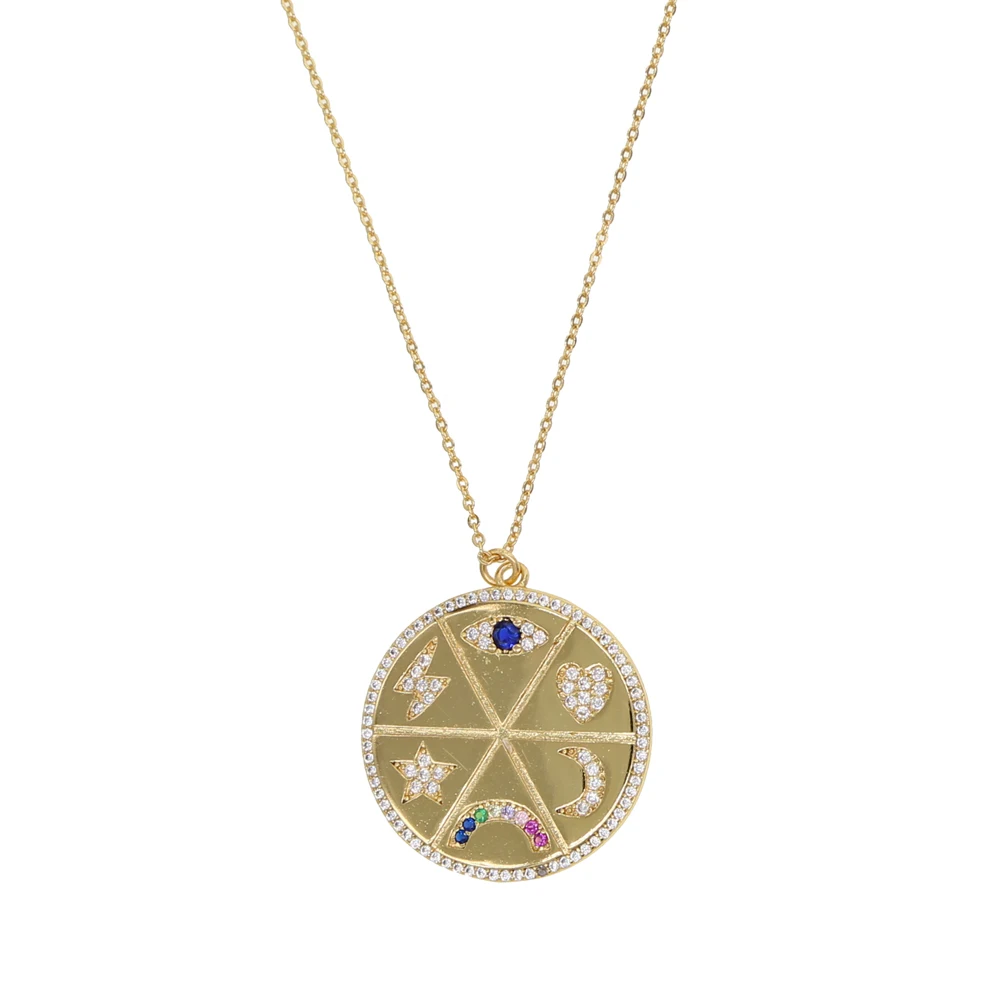 Круглый кулон ожерелье для женщин очаровательное Радужное cz диск гравировка