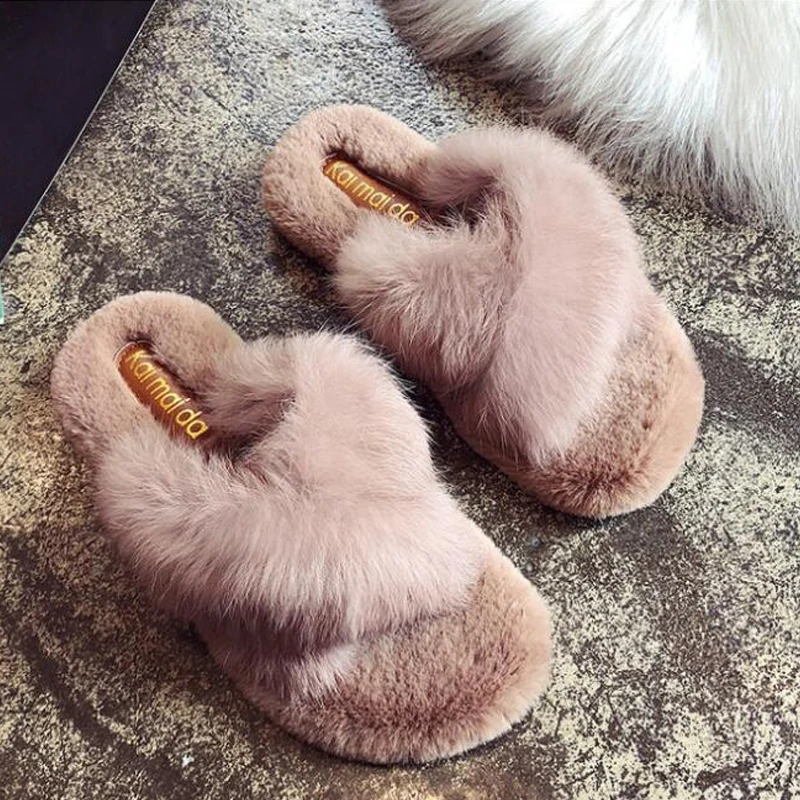 COOLSA Women's Fluffy Rabbit Fur Slippers Fashion Indoor Cross Fur Slides Casual Push Cotton Flip Flops Large Size Shoes