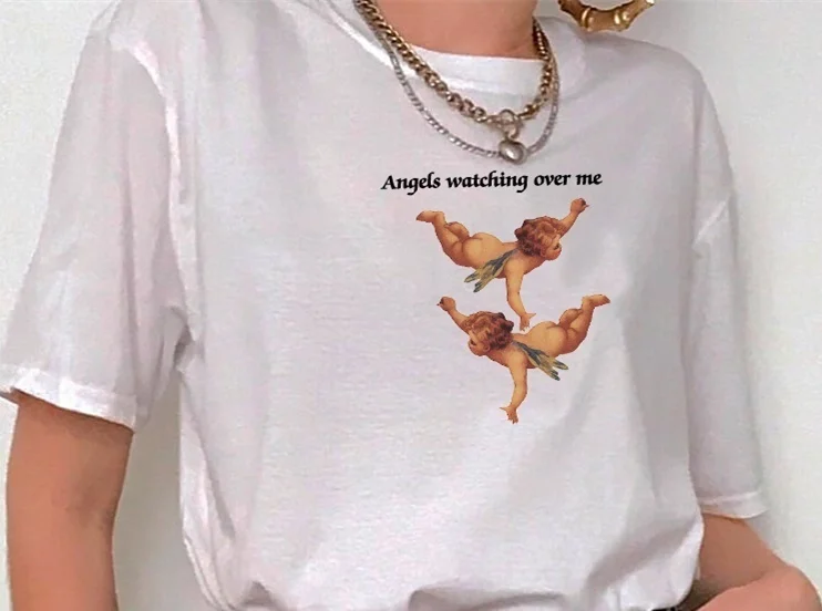

Женская футболка в стиле ретро fashionshow-JF Angels Watching Over Me Cherubs, красивая белая футболка с принтом хипстеров, модный топ