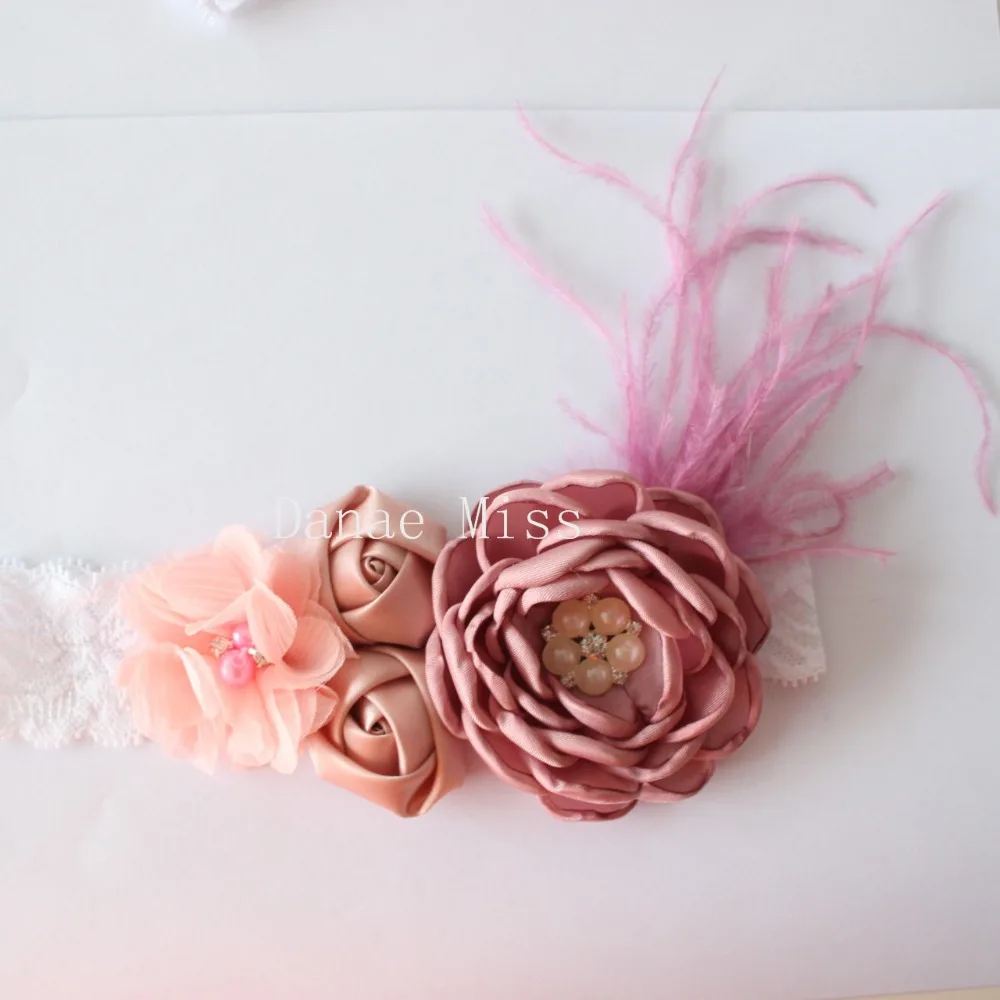 

Fashion Girl Feather flower headband chiffon rose Layered Poppy flower with lace Headband 1pcs