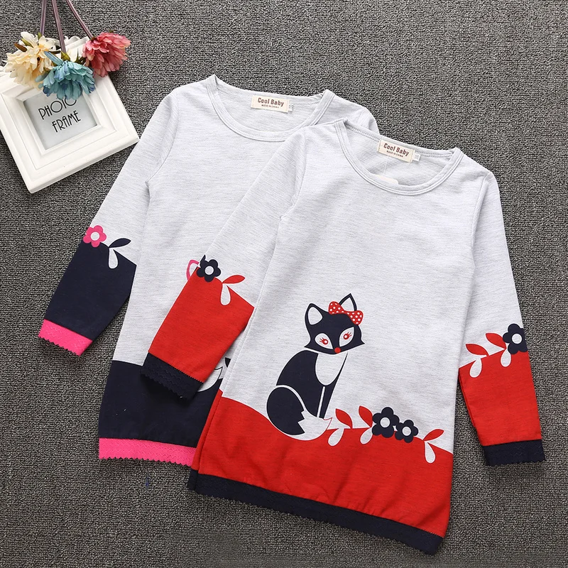 Осенняя хлопковая для маленьких девочек вечерние ное платье-футболка с длинными