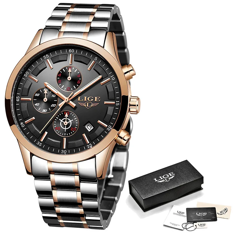 Rose gold black S LIGE, мужские часы, Топ бренд, Роскошные, повседневные, кварцевые часы, мужские, модные, Moon Phase, с сетчатым ремешком, спортивные, водонепроницаемые, с хронографом - Цвет: Rose gold black S