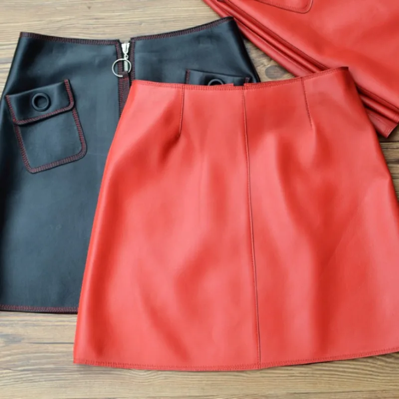 

New Punk Genuine Leather Sheepskin Wrap Skirts Womens Red/Black Fashion Luxury OL High Waist Zipper A-Line Short Skirt