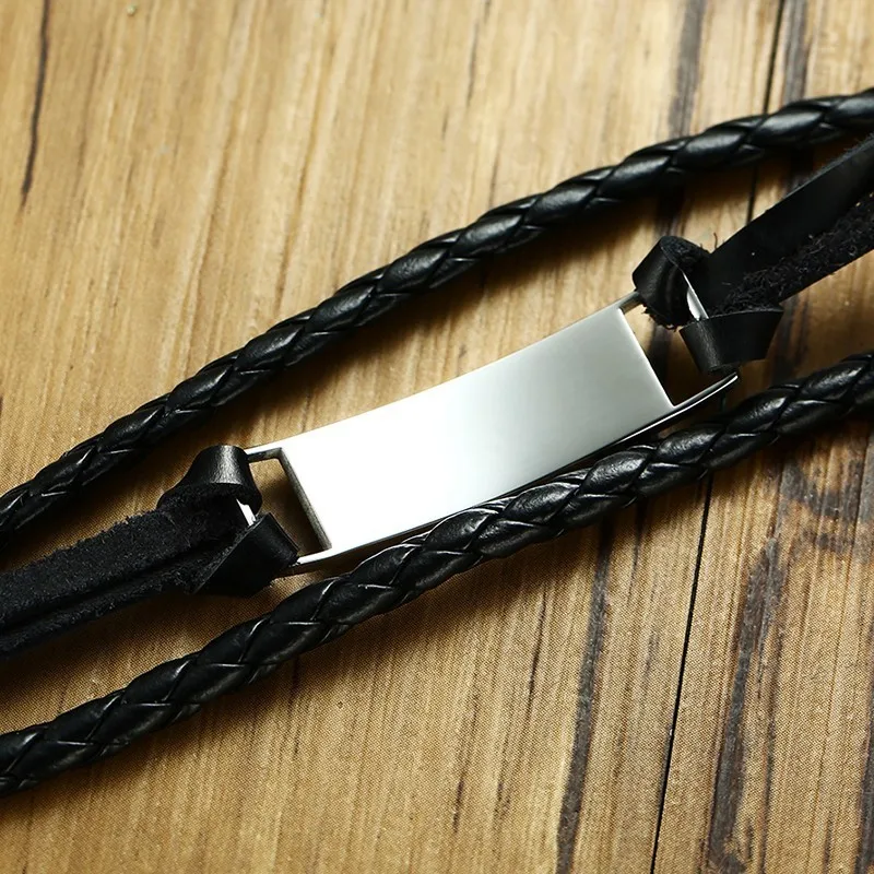 Vnox Free Engraving Customized Info Bracelet for Men Black Multiple Layers Leather Bracelets Bangles 8.46&quot Male Boy Jewelry | Украшения