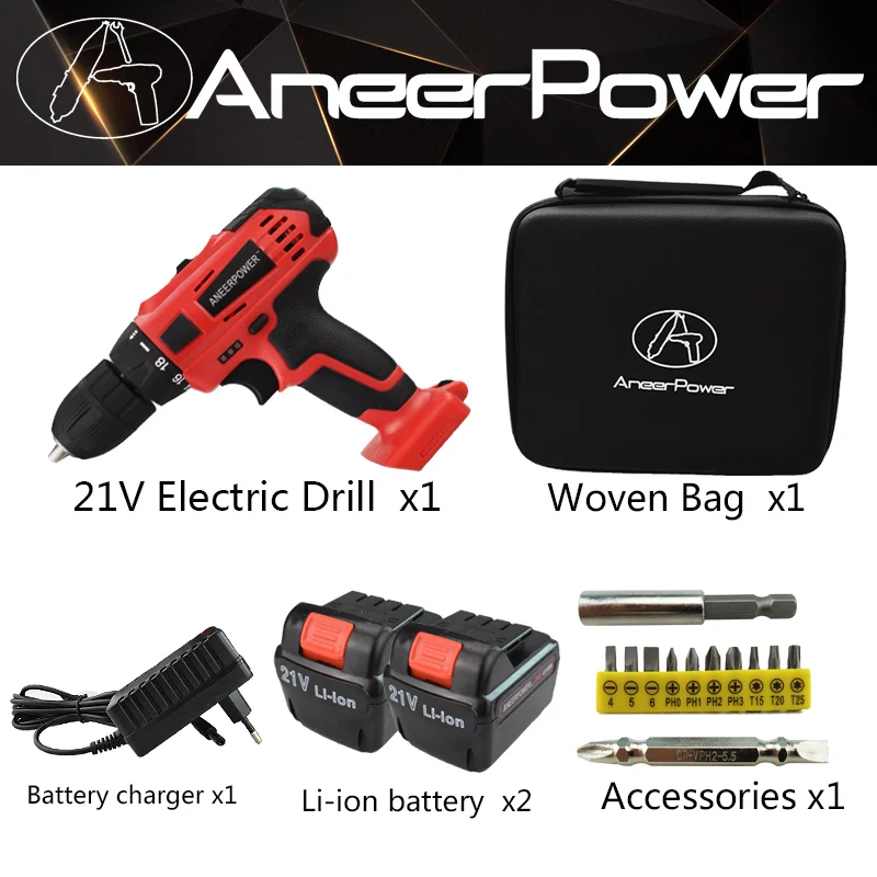Bag two battery 21 в электроинструменты, электрическая дрель, шуруповерт, Аккумуляторный Инструмент, сверло, электрический шуруповерт, набор, мини электрический сверлильный аккумулятор, скорость - Цвет: Bag two battery