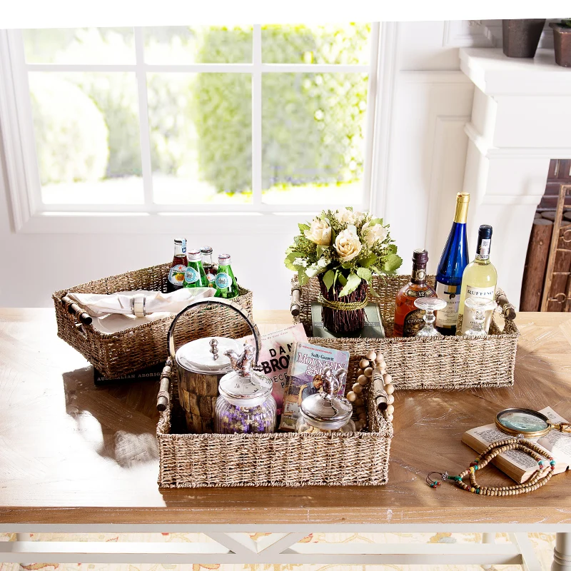

Odd ranks yield Yi Lier hand-woven seagrass storage basket storage basket three-piece rectangular wooden handle h