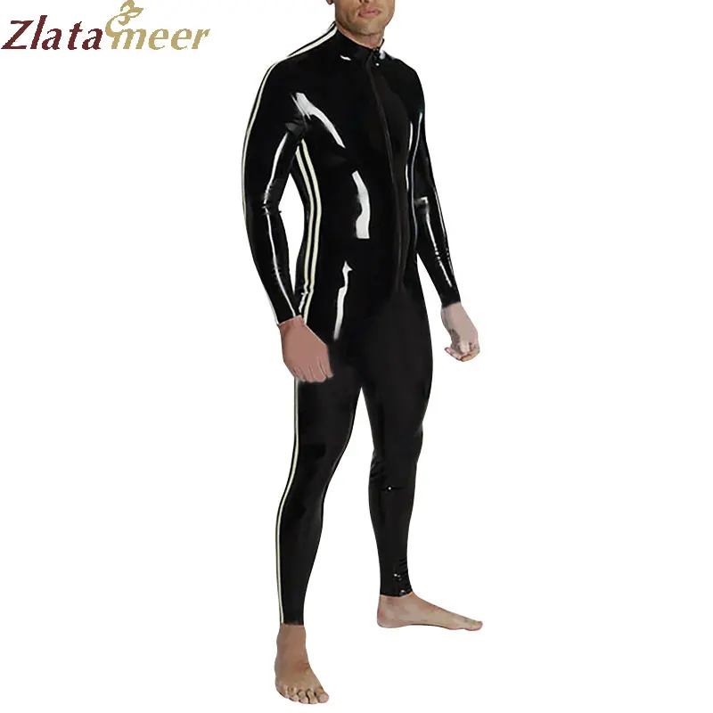 Латексный резиновый комбинезон для мужчин латексный боди с боковыми полосками