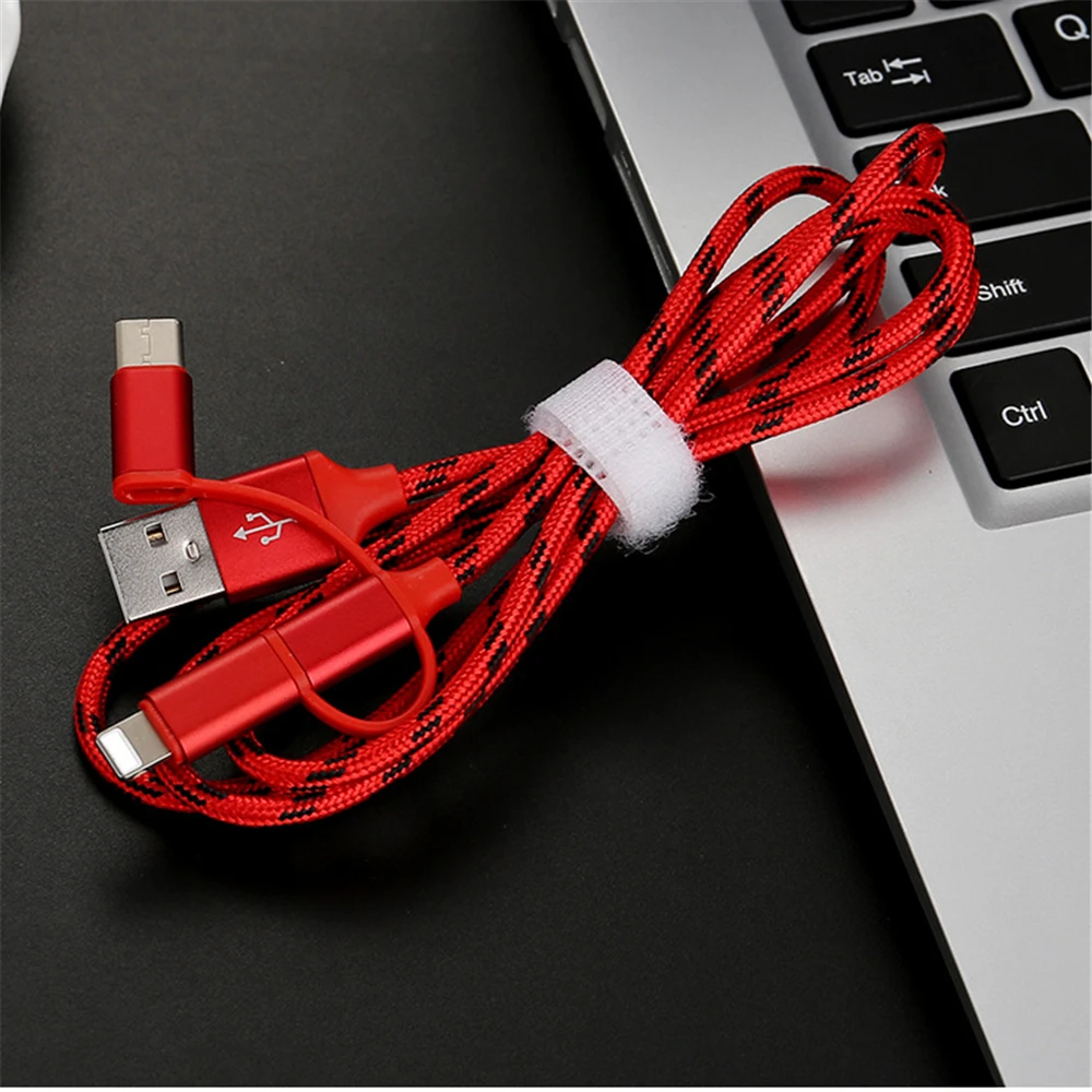 Дата кабель для телефона зарядный 100 см нейлоновый плетеный 3 в 1 Micro USB быстрое