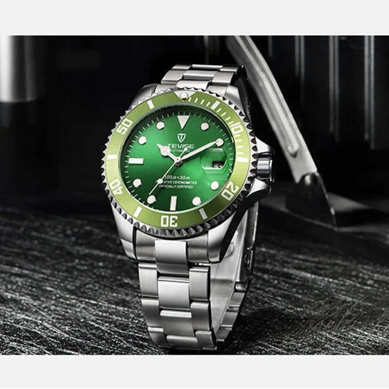 Tevise Для мужчин часы Элитный бренд автоматические механические зеленый циферблат
