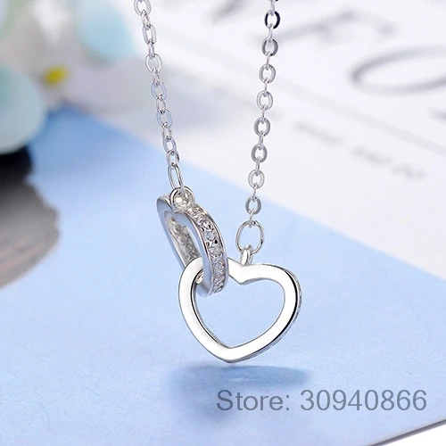 925 пробы серебро двойное сердце круг CZ цирконий подвески ожерелья для женщин