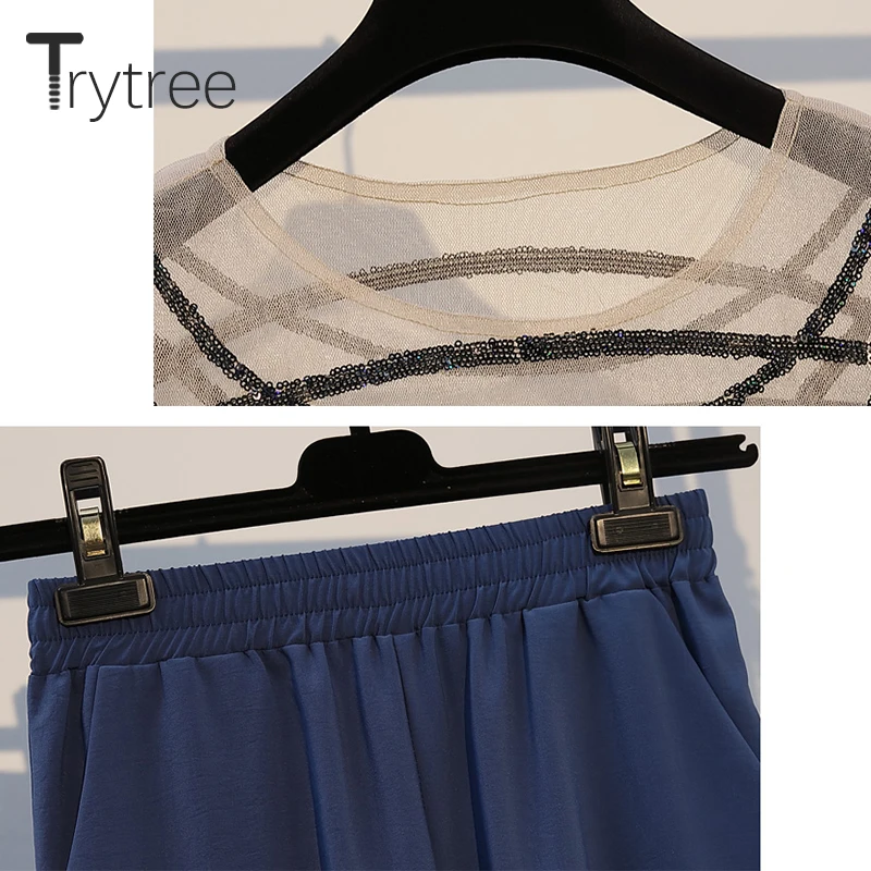 Trytree/летний женский костюм из двух предметов повседневный топ с круглым вырезом и