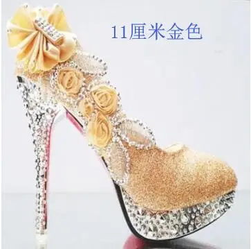 Flower 11cm gold Женские свадебные туфли со стразами; женские вечерние туфли на высоком каблуке красного цвета для невесты; пикантные женские туфли-лодочки; блестящая белая свадебная обувь; 11 см - Цвет: Flower 11cm gold