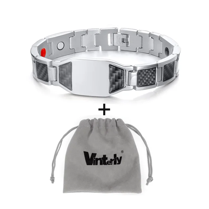 silver bag Vinterly золотой цвет ID браслеты мужские из нержавеющей стали цепи гравюр черного углеродного волокна мужской браслет энергетический магнитный браслет - Окраска металла: silver bag