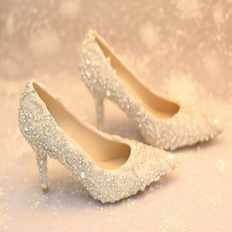 Women's Elegant Closed Toe High Heel Stiletto Sandals White Crystal Wedding Shoes For Bride 7cm 9cm | Обувь
