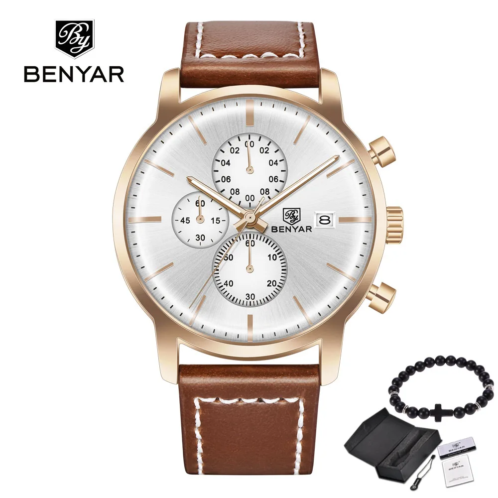leather Brown white BENYAR новые мужские часы бизнес полностью Стальные кварцевые лучший бренд класса люкс повседневные Водонепроницаемые кожаные спортивные мужские наручные часы Relogio - Цвет: leather Brown white