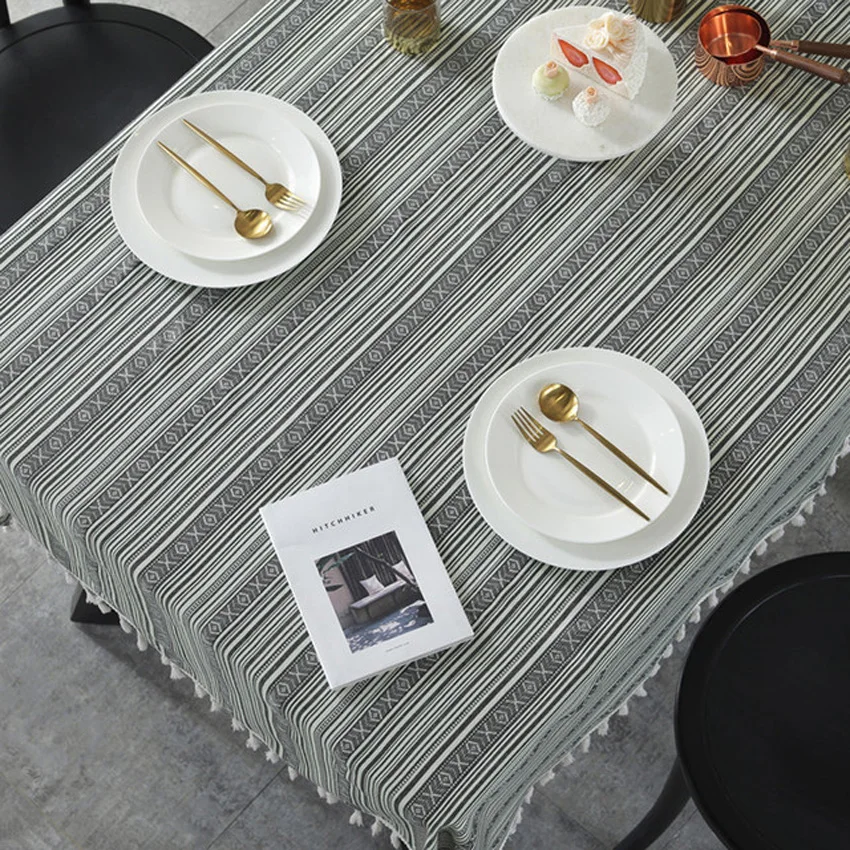 Ethnic Style Grey-green Striped Fringed Tablecloth Coffee Table Cover Rectangular Dining Cloth Oilproof Obrus Home Decor | Дом и сад