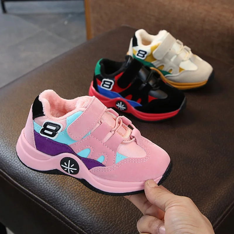 Winter Boys Warm Thick Black Running Shoes Kids Fashion Sport Sneakers Baby Girls Pink Leather Casual | Детская одежда и обувь
