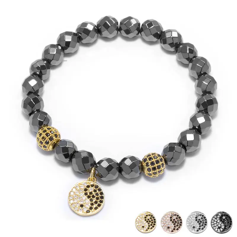 European American minimalist charm man and woman general lava volcanic stone beads Taiji figure pendant bracelet Yin Yang | Украшения и
