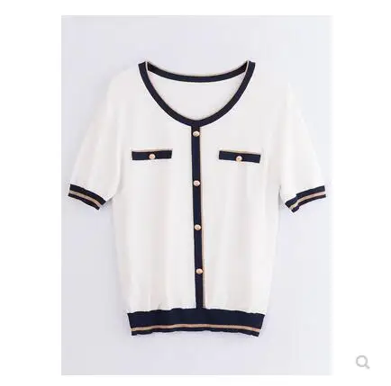 

Short-sleeved feminine T-shirt, loose low-collar knitted shirt, summer , new half-sleeve ice silk T-shirt, 2021