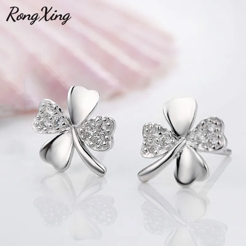 RongXing счастливый CZ кристалл четыре листа клевера шпильки Серьги brincos женские