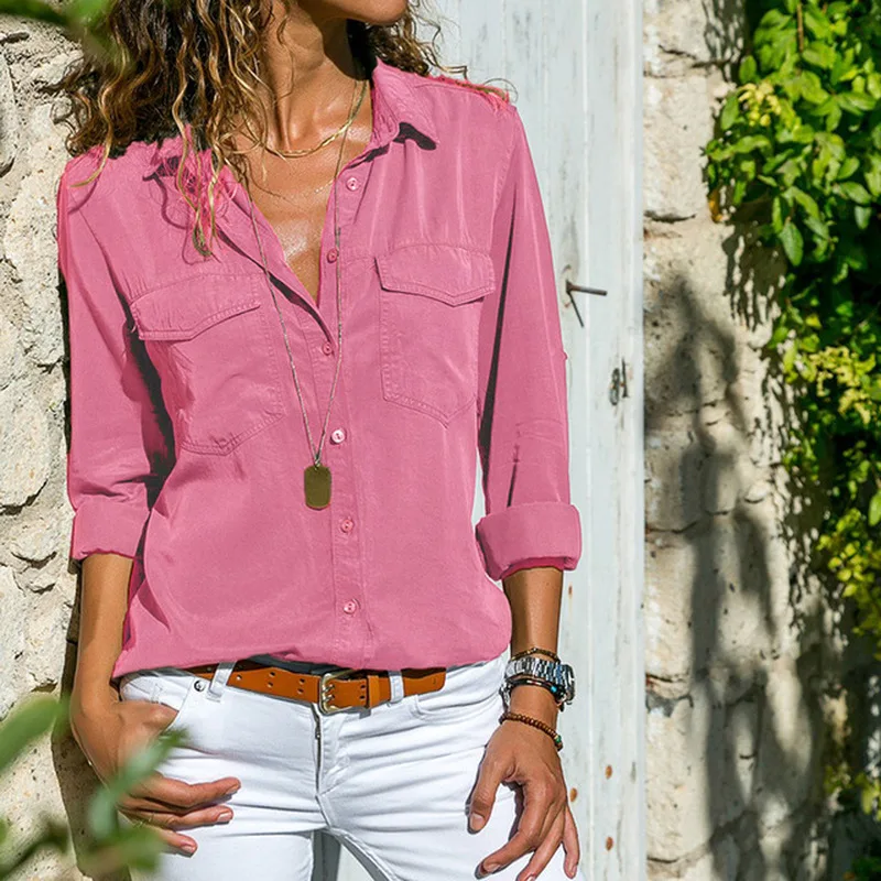 Женская Повседневная однотонная блуза Офисная рубашка с отложным воротником на