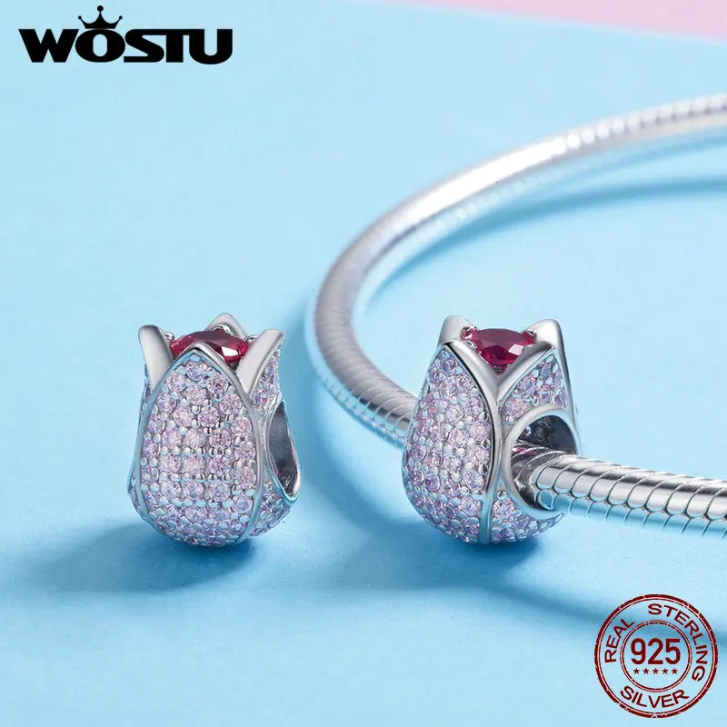 Бусина-Шарм для браслета WOSTU из серебра 100% пробы с розовыми цветами тюльпана CQC569 -