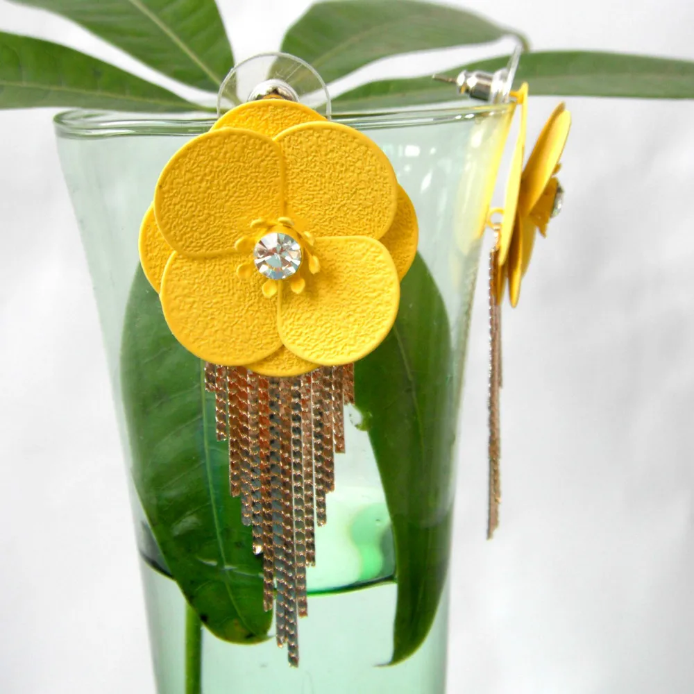 Серьги гвоздики с эмалью Navachi желтая цепочка Цветущими Розами и кристаллами